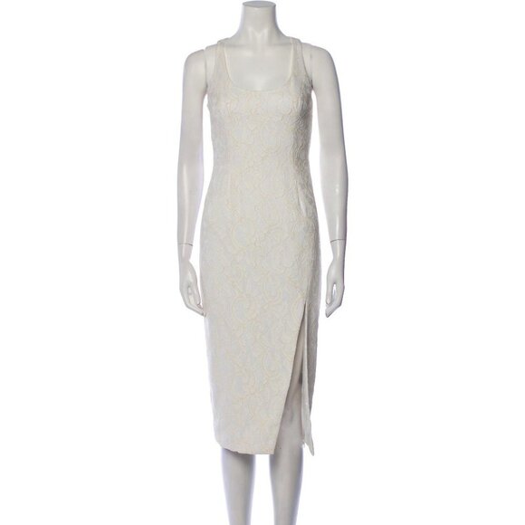 JayGodfrey White Paisley Jacquard Scoop Neck Front Slit Midi Length Dress 0 - Picture 1 of 16